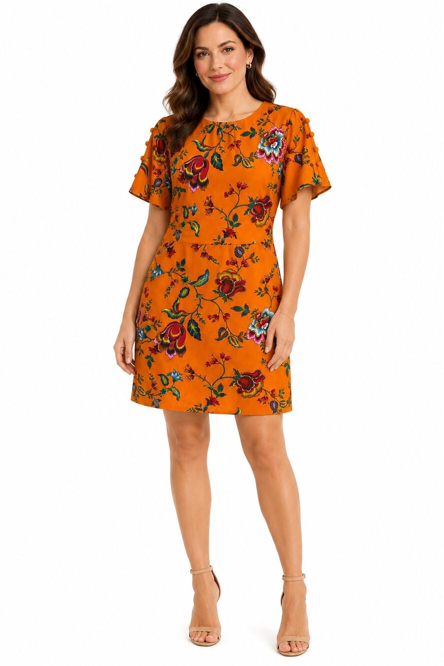 Ann Taylor Factory Floral Orange Shift Dress Size 10 Short Sleeve Button Detail